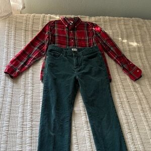 J.Crew Boys Red Plaid Shirt and Green Corduroy Pants